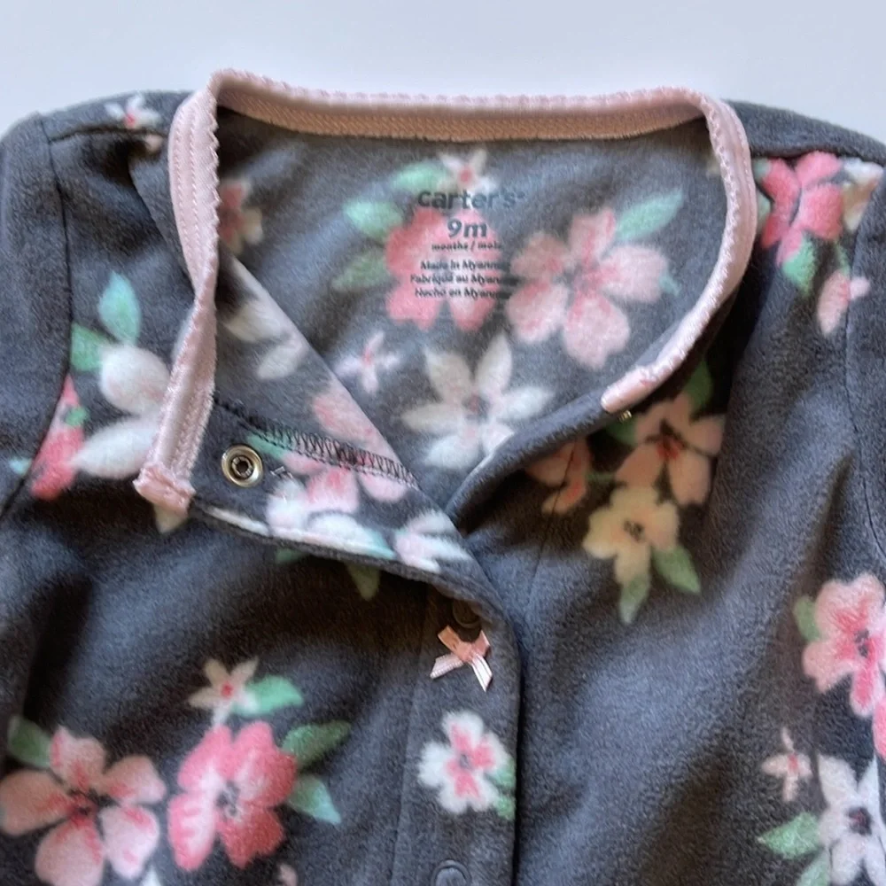 Carter's Baby Cozy Pajamas, Dark Grey with Pink & Coral Flower Print, Sz 9 Month